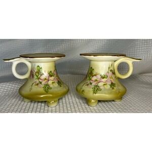Vtg Nippon Hand Painted Porcelain Floral Candlesticks Pair Light Green Pink Gold